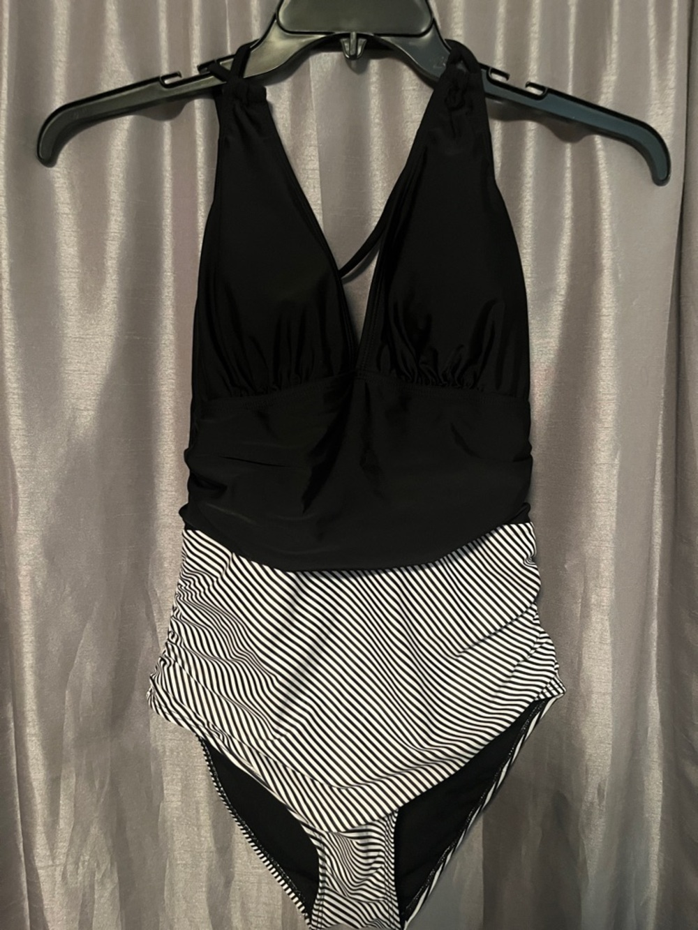Black Halter One-Piece Swimsuit with Striped Bottom